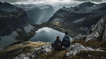 picture of a few of on best of a mountain looking at an snow capped lake. Creative resource, photo