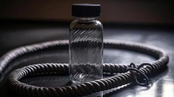 Sports water bottle with skipping rope in exercise center. Creative resource, photo