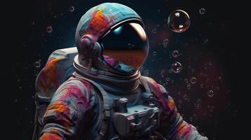 Overwhelming depict of an space pioneer in a colorful bubbles universe on a unmistakable planet. photo