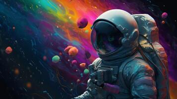 Overpowering portray of an space pioneer in a colorful bubbles universe on a unmistakable planet. photo