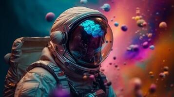 Overwhelming depict of an space pioneer in a colorful bubbles universe on a unmistakable planet. photo