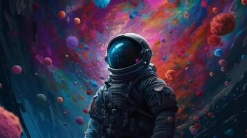 Overwhelming depict of an space pioneer in a colorful bubbles universe on a unmistakable planet. photo