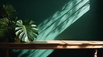 Cleanse wooden table counter with tropical palm tree in dappled sunshine. photo