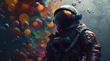 Astounding portray of an space pioneer in a colorful bubbles universe on a unmistakable planet. photo