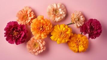 Spring marigold grows on pink pastel foundation beat see in level lay plan. photo