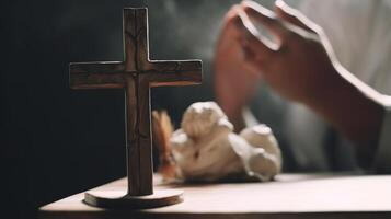 Pascua de Resurrección y increíble viernes concepto, sensible centrar de cristiano el respeto con elevado mano en blanco cruzar establecimiento. ai generado foto