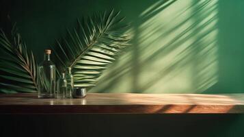 Cleanse wooden table counter with tropical palm tree in dappled sunshine. photo