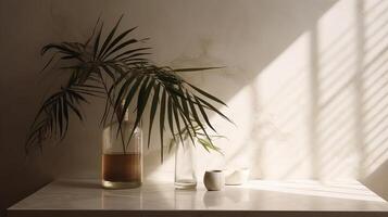 Obliged beige cotton tablecloth on counter table, tropical dracaena tree in sunshine on white divider establishment. photo
