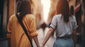 see from the back two lesbians hold hands, close-up on hands, clouded bokeh establishment. photo