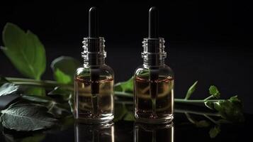 Helpful serum in a glass bottles with a pipette on a disheartening establishment with green takes off on a dim establishment. Creative resource, photo
