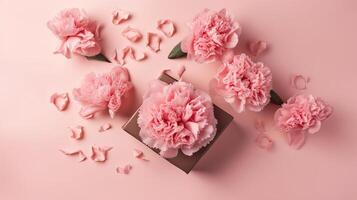 A astounding Mother's Day favoring course of movement. Best see photo of pink carnations, and paper hearts organized on a pastel pink foundation. Creative resource,