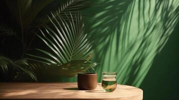 Cleanse wooden table counter with tropical palm tree in dappled sunshine. photo