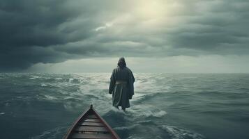 Jesus strolls on water over the ocean towards a watercraft amid a storm. Scriptural subject concept. photo