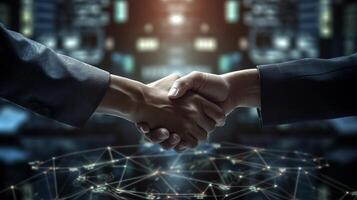 Crypto commerce handshake on back triumph and cash headway resource foundation. photo