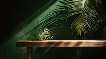 Cleanse wooden table counter with tropical palm tree in dappled sunshine. photo