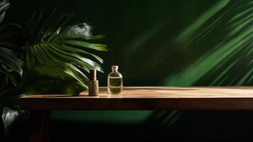 Cleanse wooden table counter with tropical palm tree in dappled daylight. photo