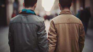 two gays hold hands, close-up on hands, clouded bokeh establishment. photo