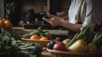 Lady checking wicker container of new natural products and vegetables she requested online by means of portable app. Creative resource, photo