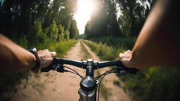 Bicycle, cycling and movement obscure with a sports individual holding handle bars in appear abhor toward of the reality that riding open see at closeup pov. Creative resource, photo