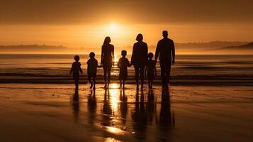 Family, nightfall and open talk about graph at shoreline with children and guardians together at ocean for security. Creative resource, photo