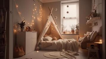 Kids room in light colors. Cozy kids room inner parts parts, scandinavian nordic organize with light wreaths and sensitive cushions. Creative resource, photo