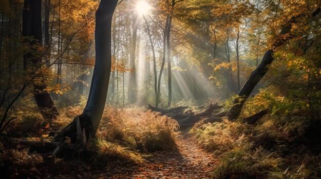 Disorienting scene of an collect time timberland with sunrays entering through the branches. photo