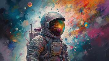 Overwhelming portray of an space pioneer in a colorful bubbles universe on a unmistakable planet. photo