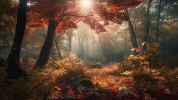 Disorienting scene of an collect time timberland with sunrays entering through the branches. photo