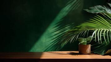 Cleanse wooden table counter with tropical palm tree in dappled sunshine. photo