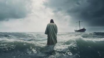 Jesus strolls on water over the ocean towards a watercraft interior the center of a storm. Scriptural subject concept. photo