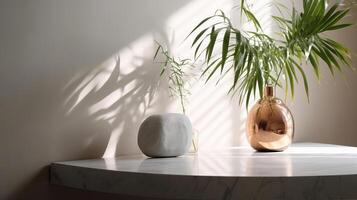 Limited beige cotton tablecloth on counter table, tropical dracaena tree in daylight on white divider foundation. photo