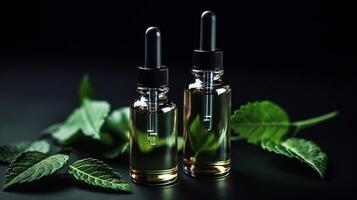 Corrective serum in a glass bottles with a pipette on a dull foundation with green takes off on a dim foundation. Creative resource, photo