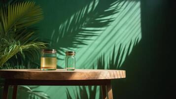Cleanse wooden table counter with tropical palm tree in dappled daylight. photo