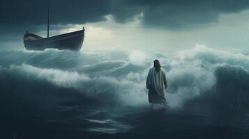 Jesús camina en agua terminado el mar hacia un embarcación interior partes el centrar de un tormenta. bíblico tema concepto. ai generado foto