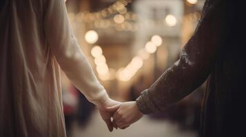 see from the back two lesbians hold hands, close-up on hands, obscured bokeh foundation. photo