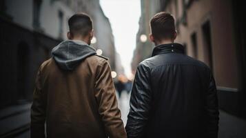 dos gays sostener manos, de cerca en manos, nublado bokeh base. ai generado foto