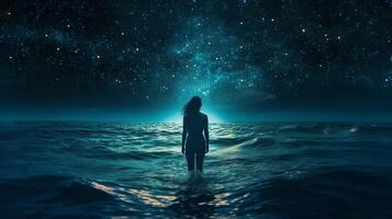 Chart of slant woman standing in ocean at night and moving to cloud white sparkling space. Creative resource, photo