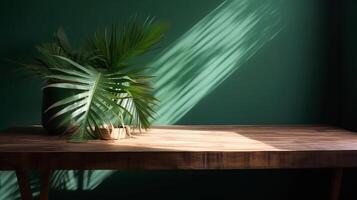 Cleanse wooden table counter with tropical palm tree in dappled daylight. photo