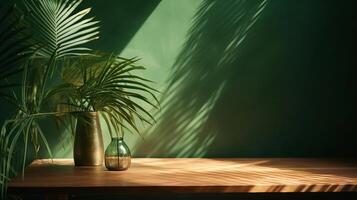 Cleanse wooden table counter with tropical palm tree in dappled sunshine. photo