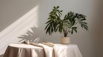 Tricky beige cotton tablecloth on counter table, tropical dracaena tree in sunshine on white divider establishment. photo