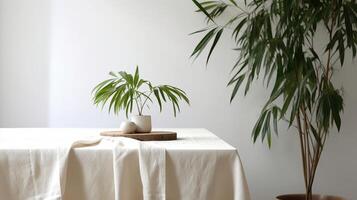 Obliged beige cotton tablecloth on counter table, tropical dracaena tree in sunshine on white divider establishment. photo