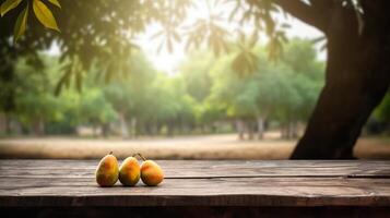 limpiar de madera mesa específico de hora como de tarde mango árbol establecimiento. creativo recurso, ai generado foto