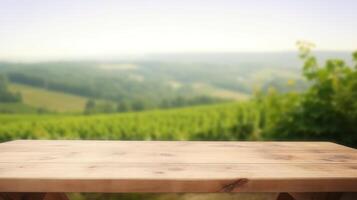 A French vineyard serves as the clouded foundation for an cleanse wooden table. Creative resource, photo