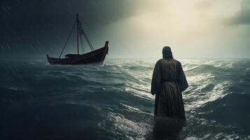 Jesús camina en agua terminado el mar hacia un embarcación dentro partes el centrar de un tormenta. bíblico tema concepto. ai generado foto