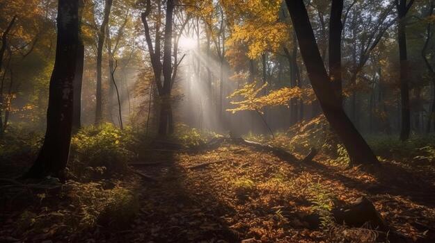 Disorienting scene of an collect time timberland with sunrays entering through the branches. photo