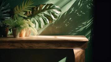 Cleanse wooden table counter with tropical palm tree in dappled daylight. photo