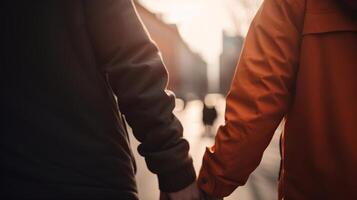 two gays hold hands, close-up on hands, obscured bokeh foundation. photo