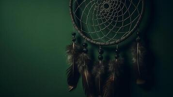 dream catcher hanging on green divider. Creative resource, photo