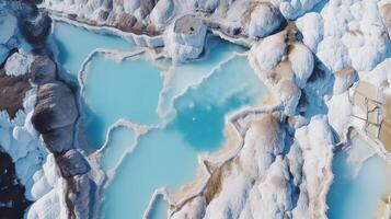 aerotransportado mejor ver Pamukkale Turquía tufo quinielas, naturaleza patios con azul agua. ai generado foto