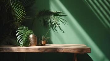 Cleanse wooden table counter with tropical palm tree in dappled sunshine. photo